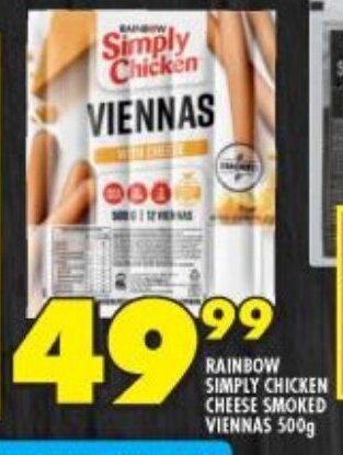 Shoprite RAINBOW SIMPLY CHICKEN CHEESE SMOKED VIENNAS 500g offer