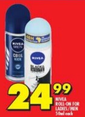 Shoprite NIVEA ROLL-ON FOR LADIES/MEN 50ml each offer