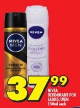 Shoprite NIVEA DEODORANT FOR LADIES/MEN 150ml each offer