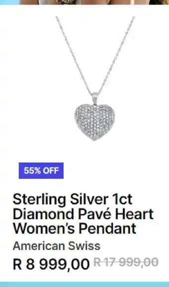 Sterling silver 1ct diamond pave heart women's pendant