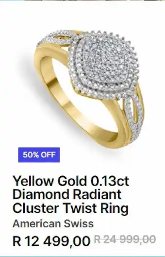 American Swiss Yellow gold 0.13ct diamond radiant cluster twist ring offer