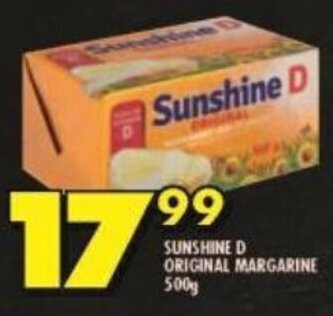 Shoprite SUNSHINE D ORIGINAL MARGARINE 500g offer