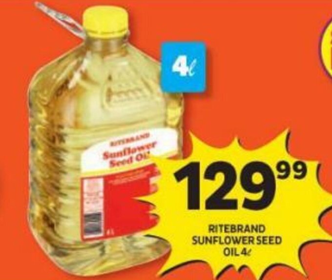 RITEBRAND SUNFLOWER SEED OIL 4L offer at Shoprite