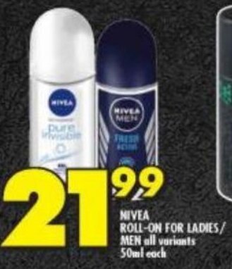 Shoprite NIVEA ROLL-ON FOR LADIES/ MEN all variants 50ml each offer