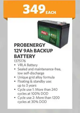 Probenergy 12v 9ah backup battery 1375176-each