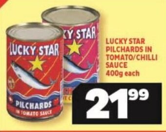 Usave LUCKY STAR PILCHARDS IN TOMATO/CHILLI SAUCE 400g each offer