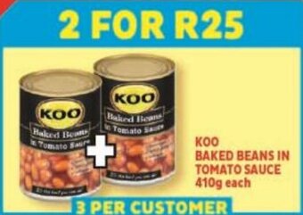 Usave KOO BAKED BEANS IN TOMATO SAUCE 410g each offer