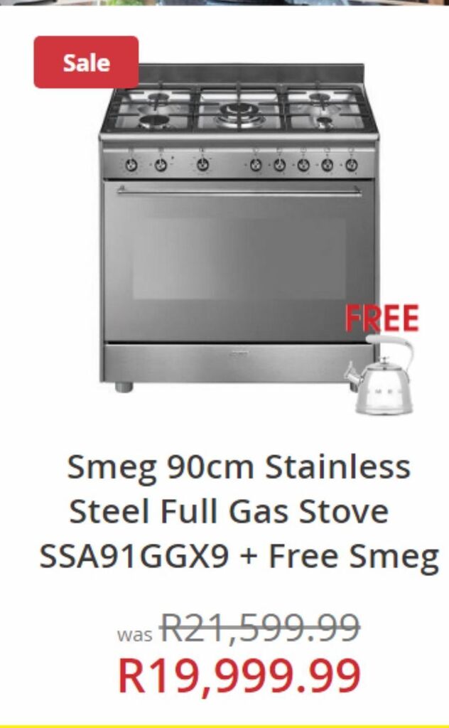 Smeg 90cm stainless teel full gas stove offer at Hirsch's