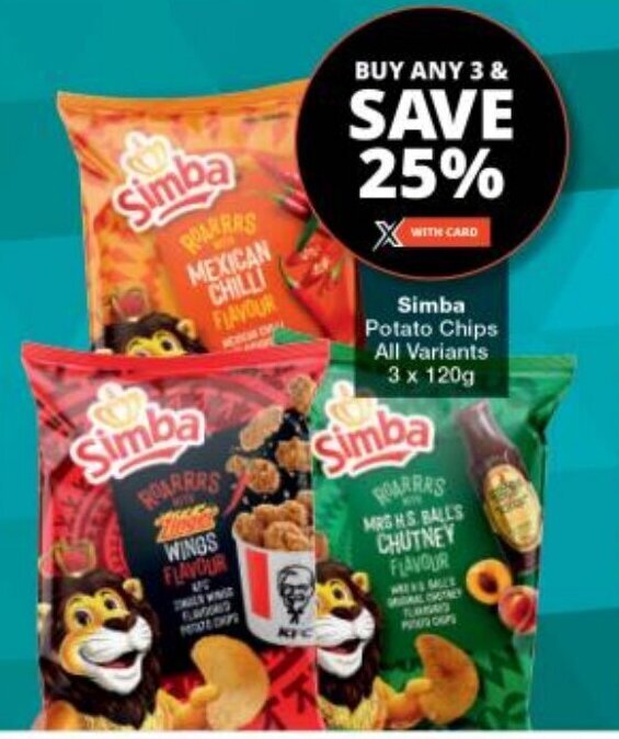 Simba Potato Chips All Variants 3 x 120g offer at Checkers