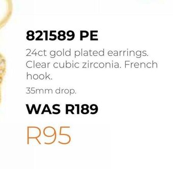 Honey Fashion Accessories 24ct gold plated earrings. clear cubic zirconia, french hook offer