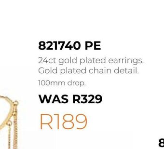 Honey Fashion Accessories 24ct gold plated earrings. gold plated chain detail offer