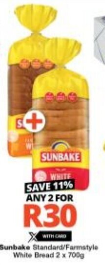 Checkers Sunbake Standard/Farmstyle White Bread 2 x 700g offer