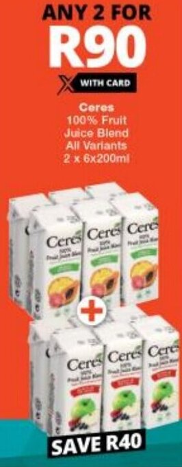 Checkers Ceres 100% Fruit Juice Blend All Variants 2 x 6x200ml offer