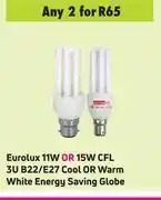 Game Eurolux 11w or 15w cfl 3u b22/e27 cool or warm white energy saving globe-for 2 offer