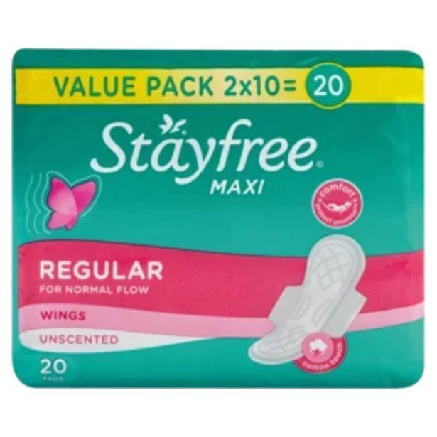 Stayfree maxi regular sanitary pads with wings uncented 20 pack offer