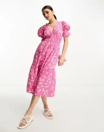 Asos Influence gingham midi dress with floral print in pink offer