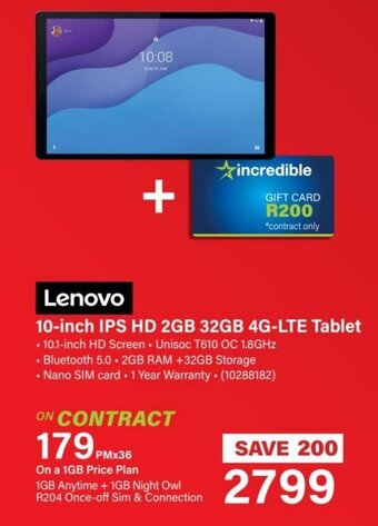 Incredible Connection Lenovo 10-inch IPS HD 2GB 32GB 4G-LTE Tablet offer