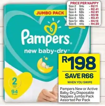 Pick n Pay Pampers New or Active Baby-Dry Disposable Nappies Jumbo Pack Assorted offer