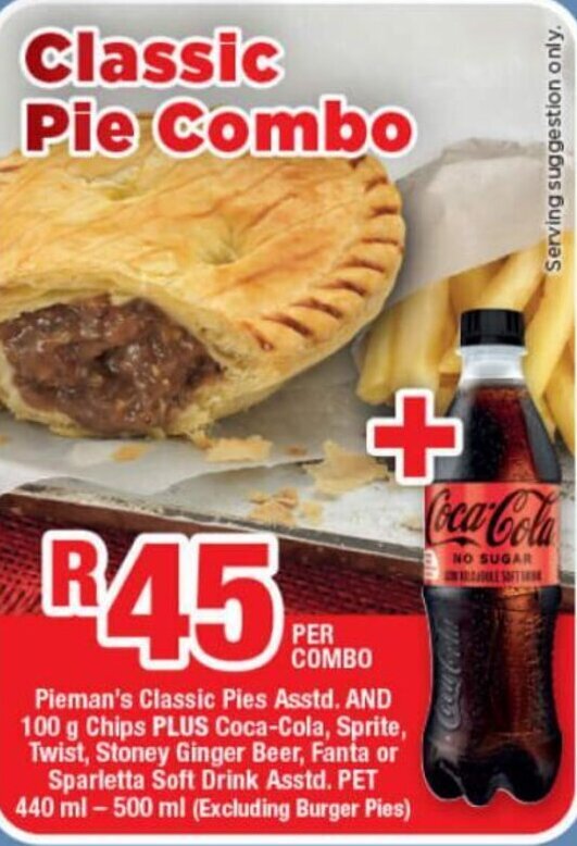Pieman's Classic Pies Asstd. AND 100 g Chips PLUS CocaCola, Sprite