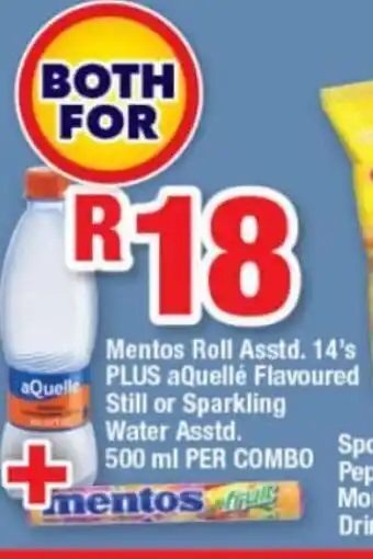 OK Express Mentos Roll Asstd. 14's PLUS aQuellé Flavoured Still or Sparkling Water Asstd. 500 ml PER COMBO offer