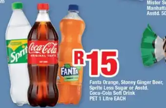 Fanta Orange, Stoney Ginger Beer, Sprite Less Sugar or Asstd. Coca-Cola Soft Drink PET 1 Litre EACH