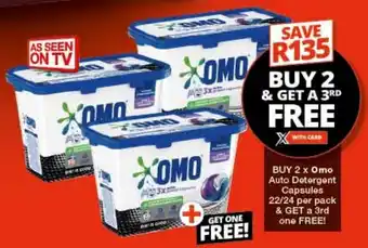 Checkers BUY 2 x Omo Auto Detergent Capsules 22/24 per pack & GET a 3rd one FREE! offer