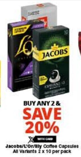 Checkers Jacobs/L'Or/Illy Coffee Capsules All Variants 2 x 10 per pack offer