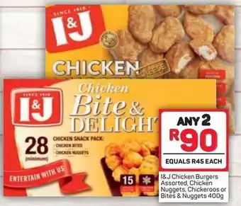 Pick n Pay I&J Chicken Burgers Assorted, Chicken Nuggets, Chickeroos or BItes & Nggets 400g offer