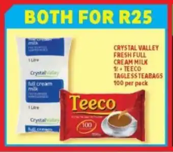 Usave Crystal Valley Fresh Full Cream Milk 1L + Teeco Tagless Teabags 100 per pack offer