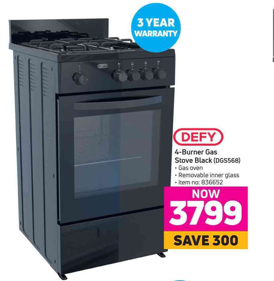 Defy 4 burner gas stove black dgs568 offer at Game