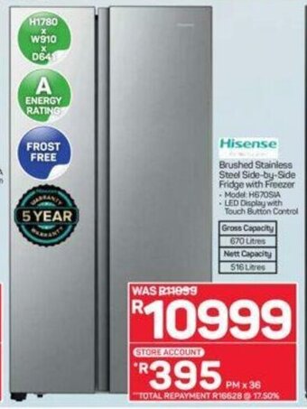 Pick n Pay Hisense Brushed Stainless Steel Side-by-Side Fridge with Freezer offer