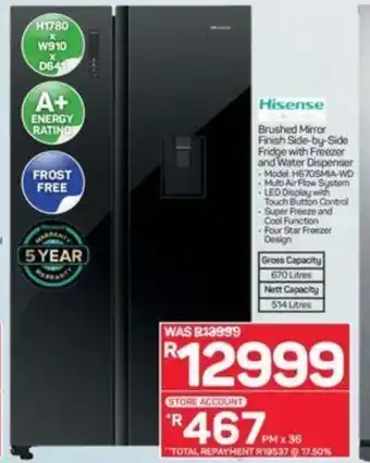 Pick n Pay Hisense Mirror DInish Side-by-Side Fridge with Water Dispenser offer