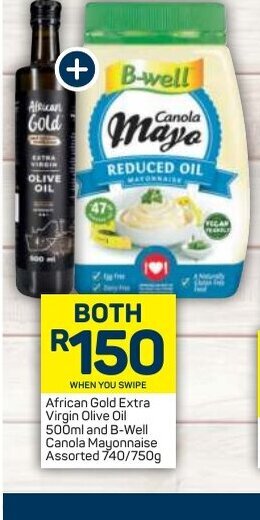 Pick n Pay African Gold Extra Virgin Olive Oil 500ml and B-Well Canola Mayonnaise Assorted 740/750g offer