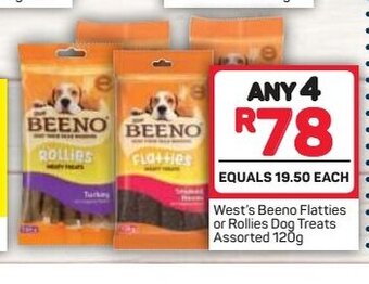 Pick n Pay West's Beeno Flatties or Rollies Dog Treats Assorted 120g offer