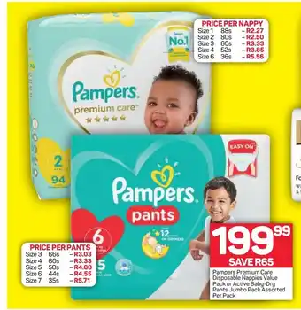 Pick n Pay Pampers Premium Care Disposable Nappies Value Pack or Active baby-Dry pants Jumbo Pack Assorted per pack offer