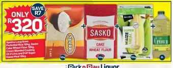 Pick n Pay Spekko Long Grain Parboiled Rice 10kg, Sasko Cake Wheat Flour 10kg, Crown Blended Cooking Oil 2 Litre and PnP Super Maize 10k offer