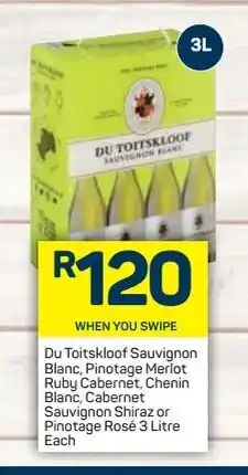 Pick n Pay Du Toitskloof Sauvignon Blanc, Pinotage Merlot Ruby Cabernet, Chenin Blanc, Cabernet Sauvignon Shiraz or Pinotage Rose 3L eac offer