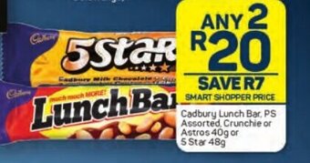 Pick n Pay Cadbury Lunch Bar, PS Assorted, Crunchie or Astros 40g or 5 Star 48g offer