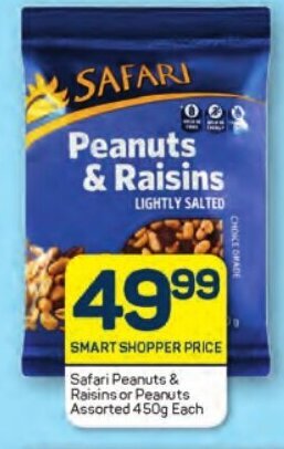 Safari Peanuts & Raisins or Peanuts Assorted 450g Each