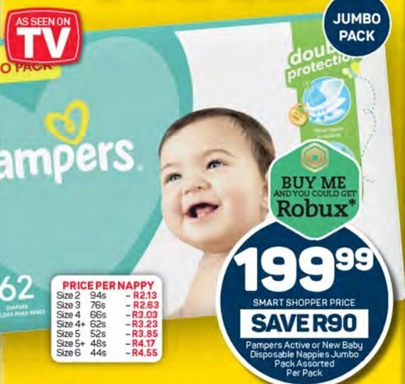 Pampers Active or New Baby Disposable Nappies Jumbo Pack Assorted Per