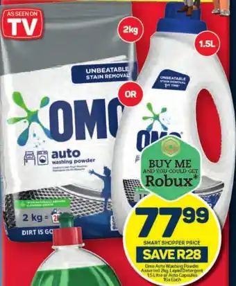 Pick n Pay Omo Auto Washing Powder Assorted 2kg, Liquid Detergent 15 Litre of Auto Capsules 168 Each offer