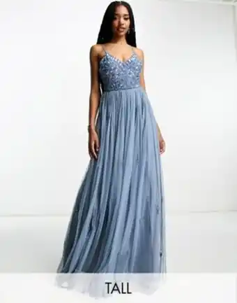 Asos Beauut tall bridesmaid cami 2 in 1 maxi dress with embellished top and tulle skirt in dark blue offer