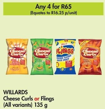 Makro WILLARDS Cheese Curls or Flings (All variants) 135 g offer