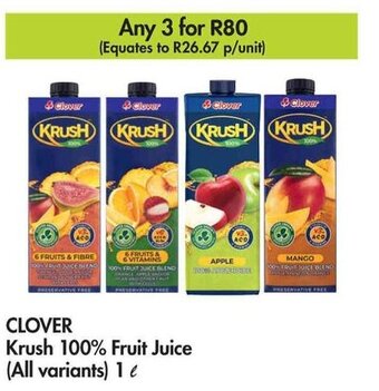 Makro CLOVER Krush 100% Fruit Juice (All variants) 1L offer