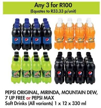 Makro PEPSI ORIGINAL, MIRINDA, MOUNTAIN DEW, 7 UP FREE or PEPSI MAX Soft Drinks (All variants) 1 x 12 x 330 ml offer