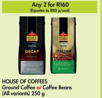 HOUSE OF COFFEES Ground Coffee or Coffee Beans (All variants) 250 g ...