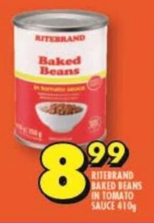 Shoprite RITEBRAND BAKED BEANS IN TOMATO SAUCE 410g offer