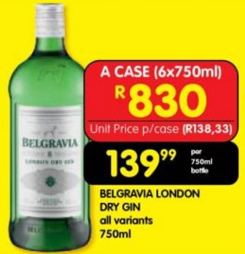 BELGRAVIA LONDON DRY GIN all variants 750ml offer at Shoprite