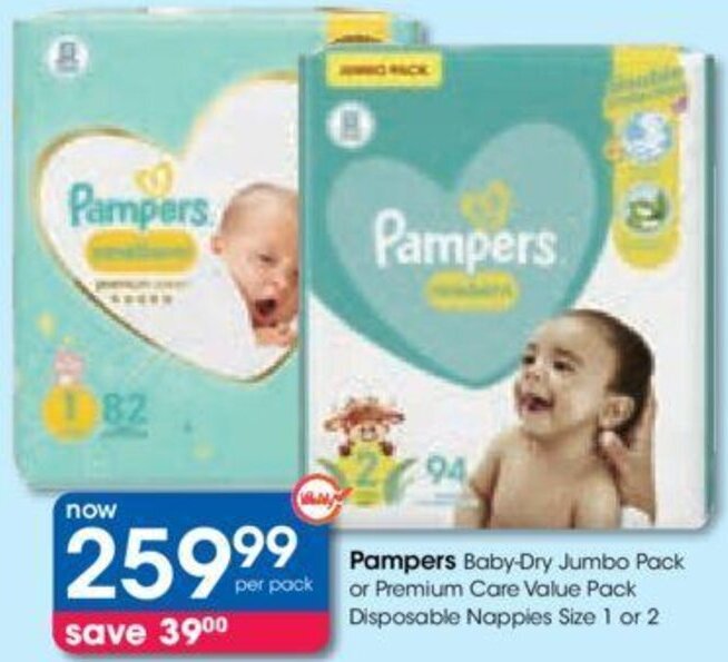 Pampers Baby-Dry Jumbo Pack or Premium Care Value Pack Disposable
