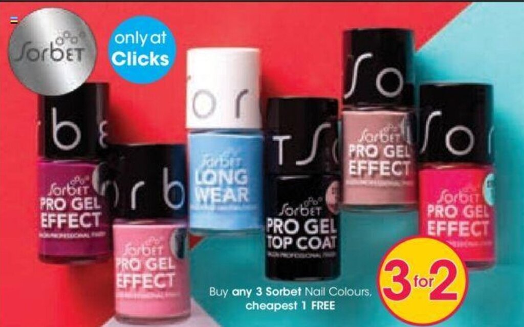 Buy any 3 Sorbet Nail Colours, cheapest 1 FREE offer at Clicks